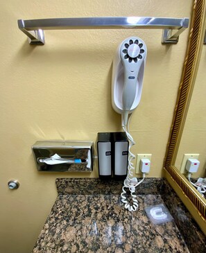 Un baño con secador de pelo, jabón de manos, loción corporal y un espejo.