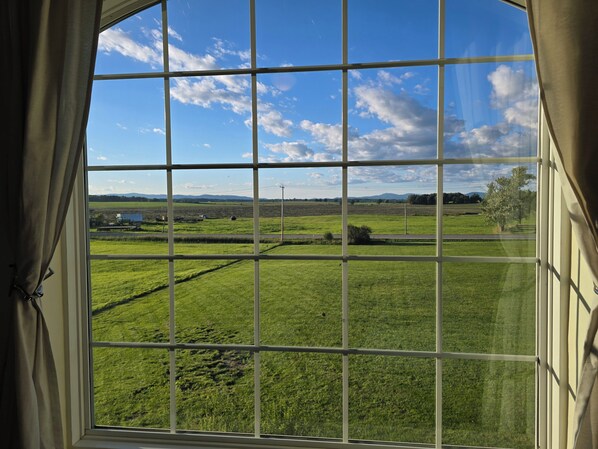 A window with a view of a green field and distant mountains.