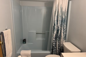Un bagno con doccia vetro-muraria, un water e un porta asciugamani.