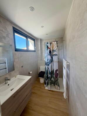A modern bathroom with a large sink, a toilet, and a shower area. - MAS DE L'OLIVERAIE (Grans)