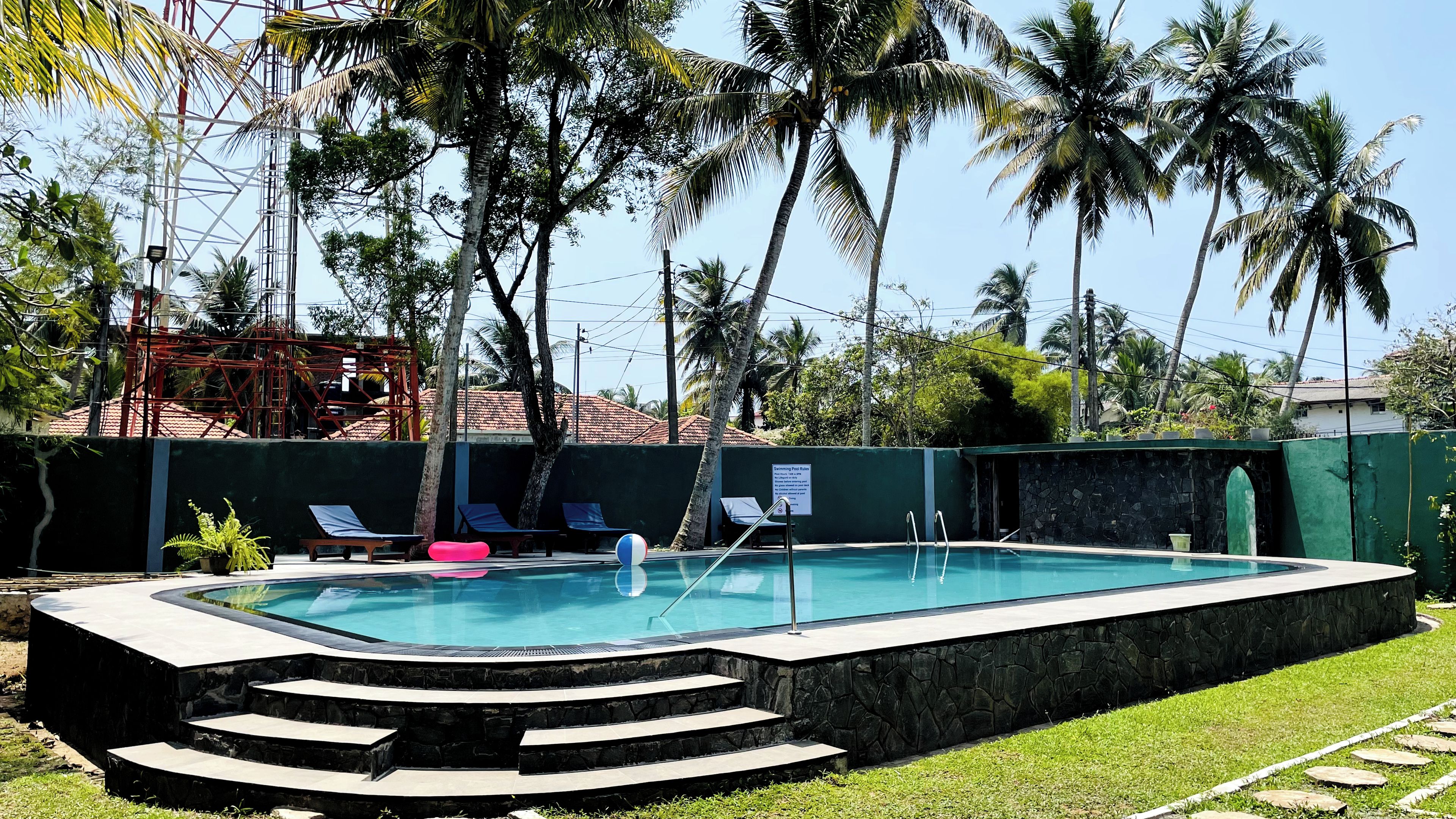 Une piscine avec des marches permettant d’y accéder, entourée de palmiers et d’un mur végétal.
