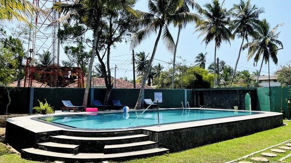 A swimming pool with steps leading into it, surrounded by palm trees and a green wall.