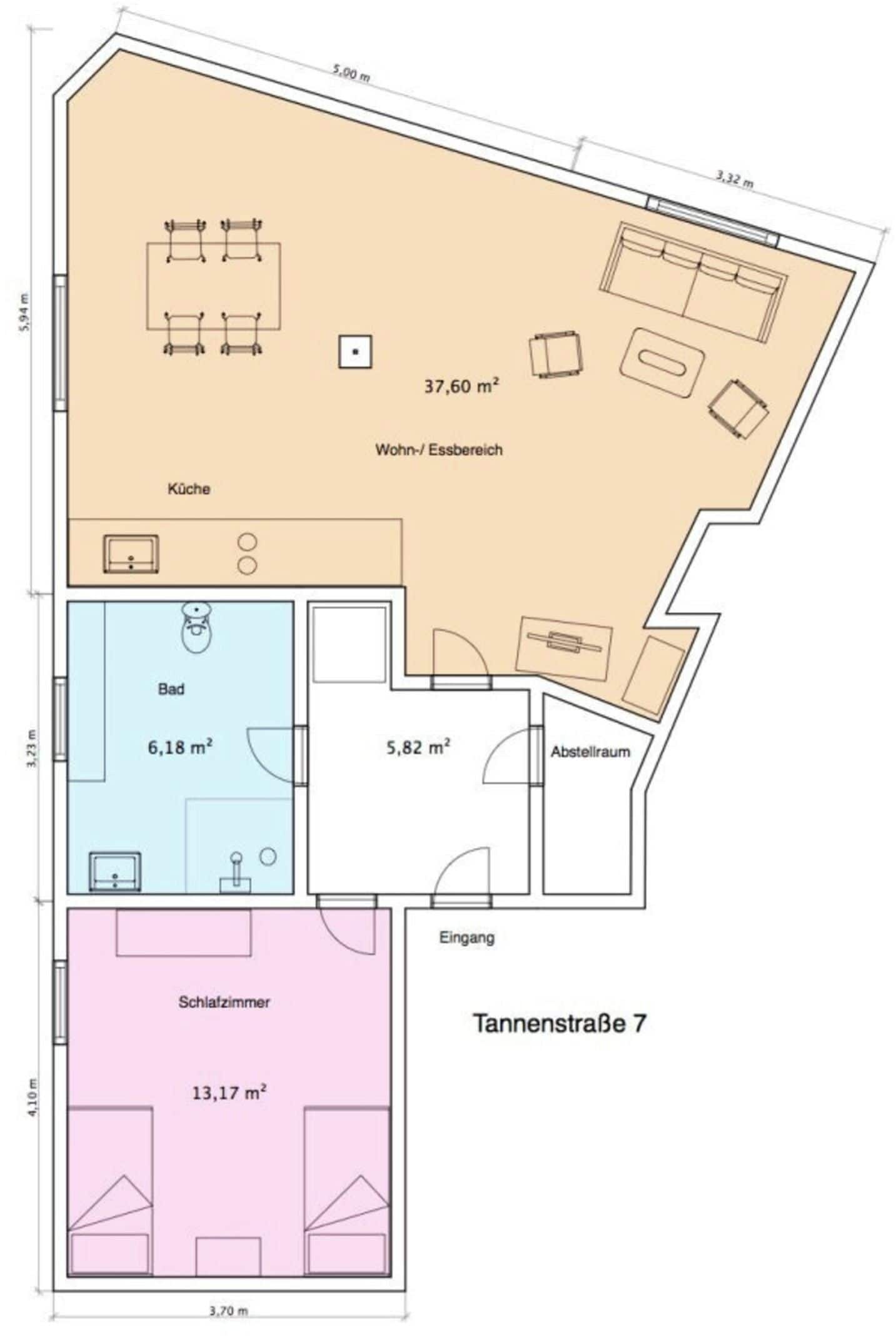 A floor plan of a residential property on Tannenstraße 7, including a kitchen, living area, bathroom, and bedroom.