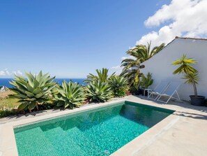 A swimming pool with clear blue water, surrounded by various plants and a white wall. - Finca Santa Catalina · 3 casitas · Private plunge pool (La Guancha)