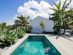 A rectangular swimming pool with clear blue water, surrounded by various tropical plants and a white building in the background. - Casita Romántica · Stone walls · Shared plunge pool (La Guancha)