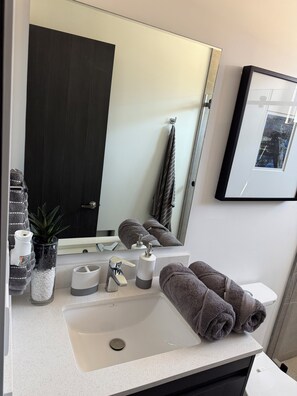 Ein modernes Badezimmer mit einem großen Spiegel, einem Waschbecken, einem Handtuchhalter und einem gerahmten Bild an der Wand.