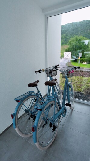 Ein Zimmer mit einem großen Fenster, einem blauen Fahrrad mit Korb und Blick auf eine grüne Landschaft.