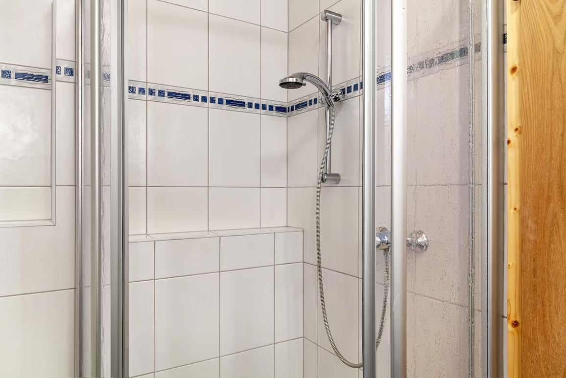 Ducha con mampara de vidrio y cabezal.