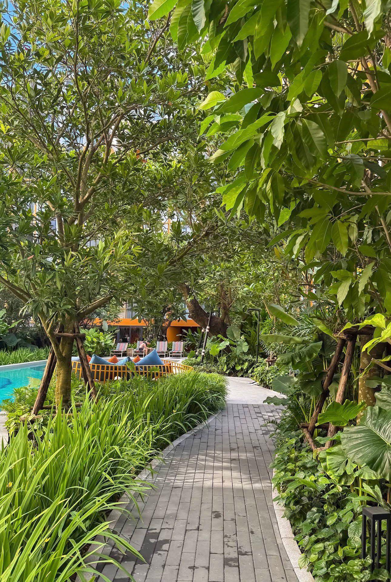 A pathway leading to a pool area with lounge chairs and umbrellas.