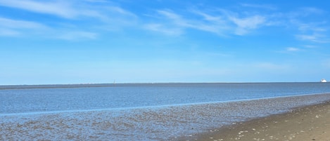 Une plage avec un ciel dégagé, une eau calme et un phare situé au loin.