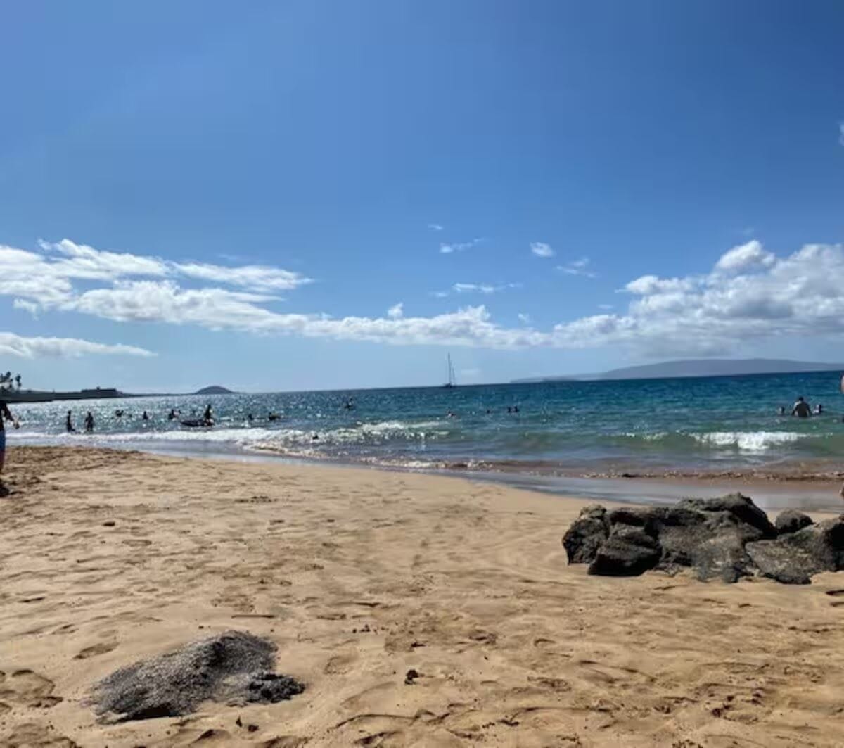 A beach with clear skies, waves, and distant land.