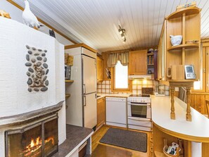 Eine kompakte Küche mit Wandverkleidung aus Stein, Kamin, Kühlschrank, Geschirrspüler und Herd.