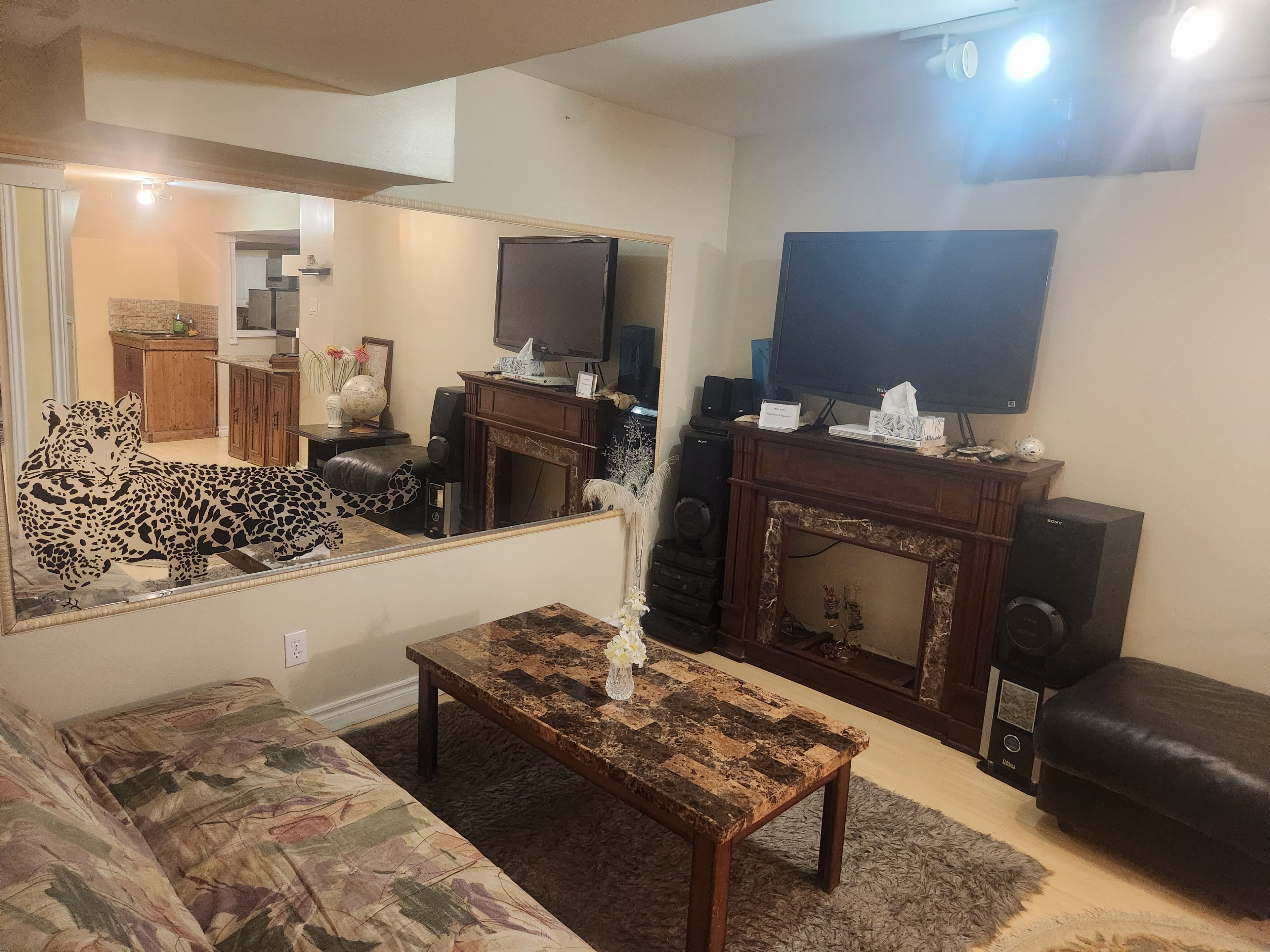 Una sala de estar con un sofá, una mesa de centro, una chimenea, un televisor y un espejo grande.