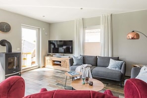 A modern living room with a sofa, a coffee table, a TV, and a fireplace. - Holiday home with 1 bedroom (Krakow am See)