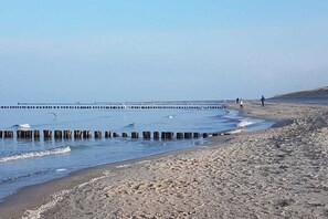A beach with a wooden breakwater, pebbly shore, and a clear sky. - Holiday room with terrace (Zingst)