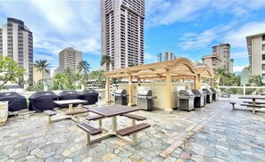 An outdoor patio with stone flooring, covered barbecue grills, and picnic tables. - 40F-High Floor-Stunning Ocean View-1 Bedroom Condo-Waikiki Beach (Honolulu)