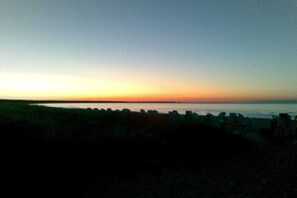Eine Strandansicht mit blauem Himmel, ruhiger See und einer Reihe von Liegestühlen am Ufer.