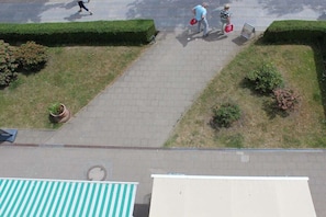 Een verhard pad met keurig bijgesnoeide hagen aan weerszijden, een bloempot en een metalen constructie.