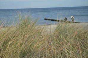 Ein Strand mit hohem Gras im Vordergrund und einer Holzhütte im Hintergrund.