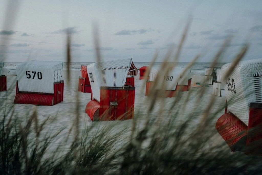 Fila de cabañas de playa numeradas, presumiblemente para alojamiento, con vista al mar.