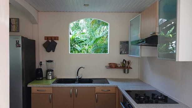 A compact kitchen with a built-in stove, a sink, and a window with a view of greenery. - Vrbo Property (Sainte Anne)