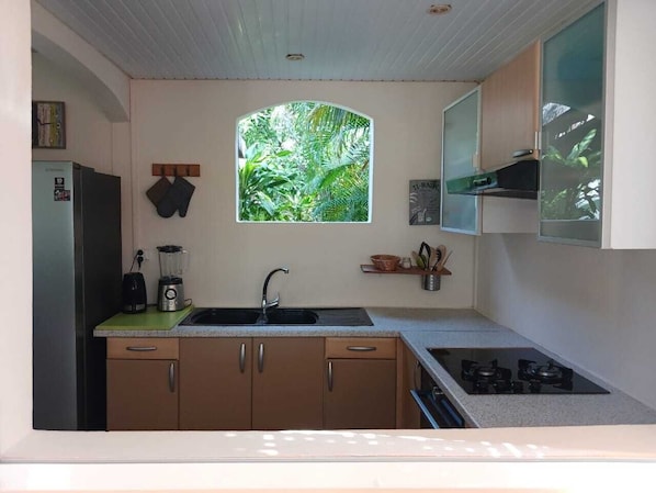 A compact kitchen with a built-in stove, a sink, and a window with a view of greenery. - Vrbo Property (Sainte Anne)