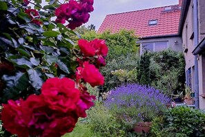 Un jardin avec des fleurs rouges et des plantes violettes, un toit recouvert de tuiles rouges et un bâtiment doté d’une fenêtre.