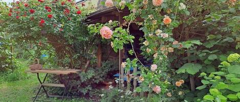 Ein Garten mit einem Holztisch und Stühlen, umgeben von üppigem Grün und blühenden Pflanzen.