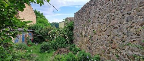 A stone wall, a garden with various plants, and a building with a blue door.