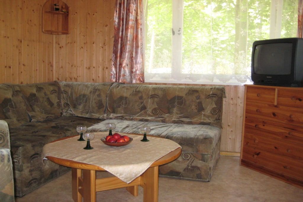 Ett mysigt vardagsrum med en soffa, ett litet bord med en skål med frukt och glas, och en tv-apparat placerad på ett träskåp.