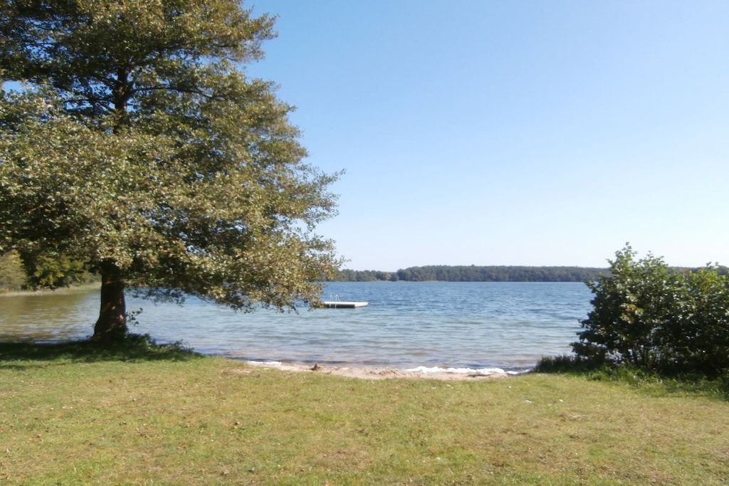 A lake with a dock, surrounded by trees and grassy areas.
