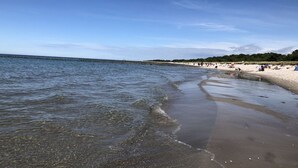 A beach with clear water, a pier in the distance, and people on the sand. - 5 in the Damaris house (Zingst)