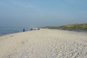 Ein breiter Sandstrand unter blauem Himmel.