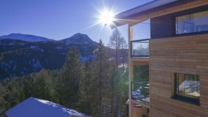 A modern building with a wooden exterior and large windows, overlooking a mountainous landscape. - Superior Chalet # 2 with Sauna & Hot Tub (Turrach)