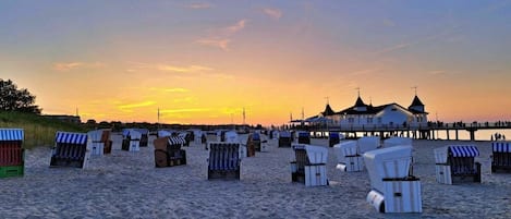 A beach with rows of beach chairs and a pier with a building in the background.