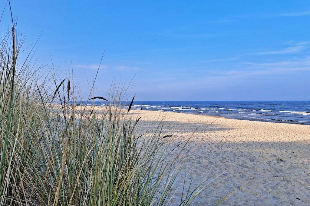 Une plage de sable avec des vagues, et de l’herbe haute au premier plan.
