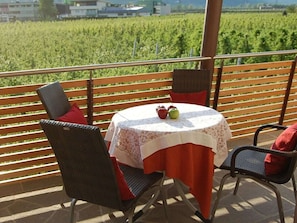 An outdoor patio with a table set for two, chairs, and a view of a vineyard. - "red" on the Sandwiesen Farm (Gargazzone)