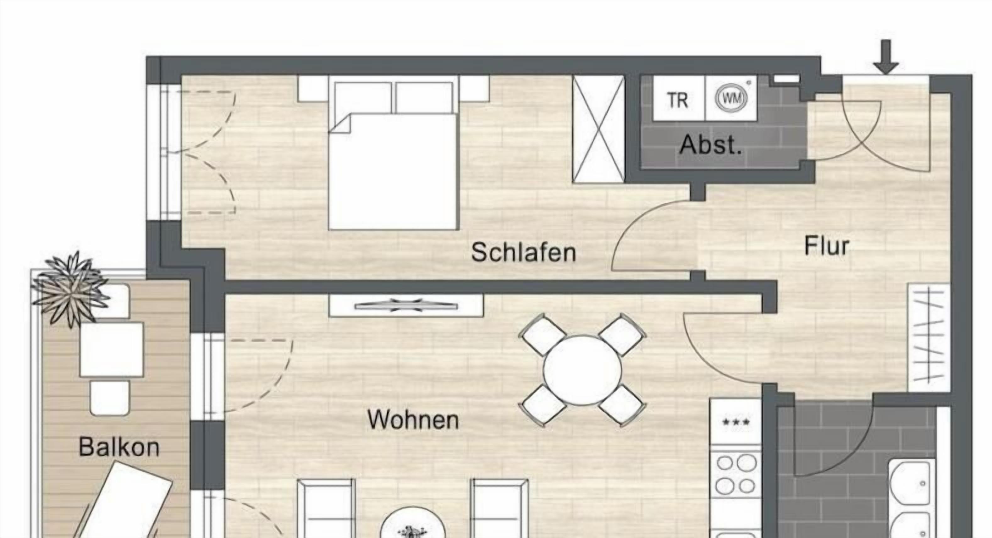 Ein Grundriss eines Hotels mit Wohnzimmer, Essbereich, Balkon, Bad und Küche.