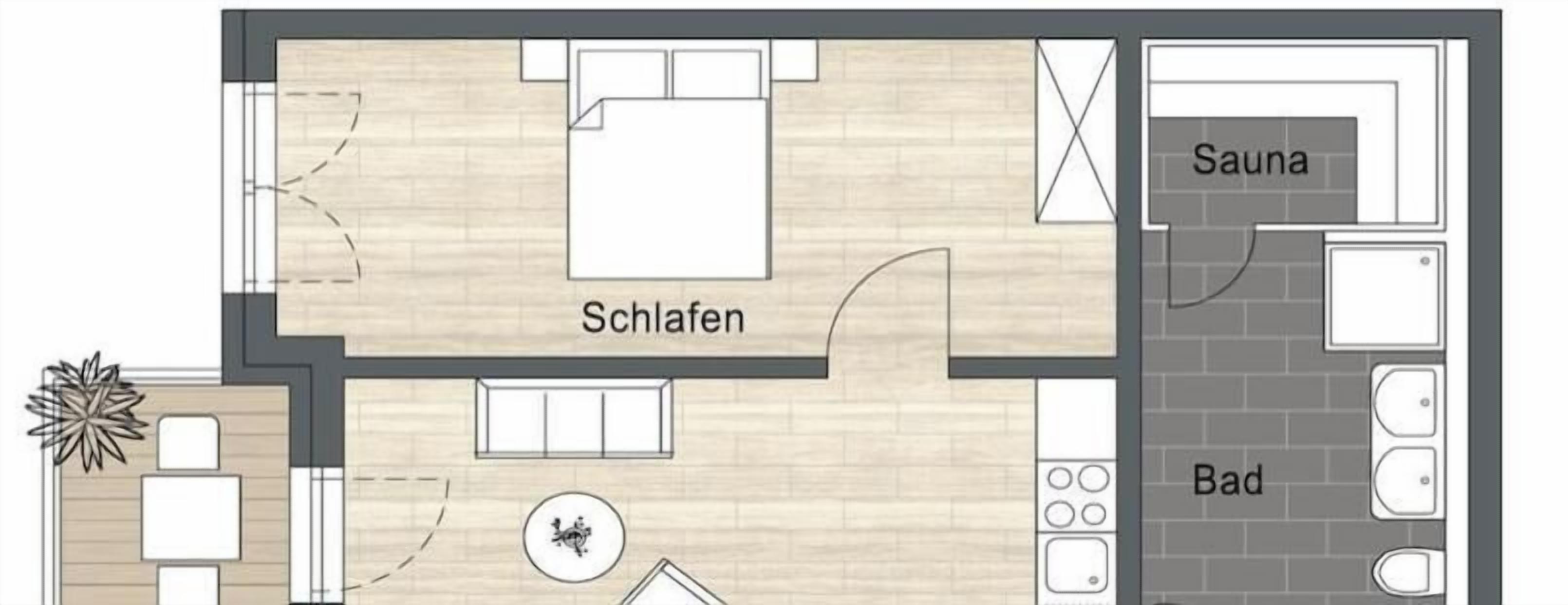 Grundriss eines Hotels mit Schlafzimmer, Bad, Sauna und Küchenbereich.
