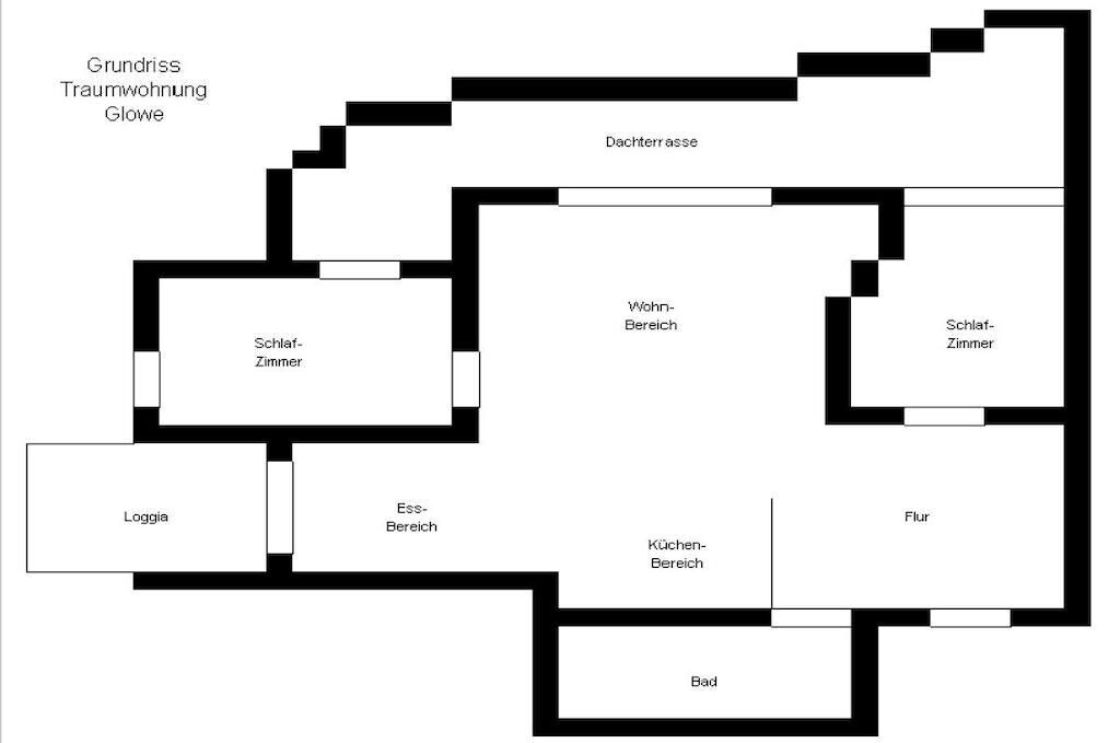 Een plattegrond van een hotel met aangeduide kamers, waaronder een slaapkamer, badkamer, woonruimte, keuken en eetruimte.