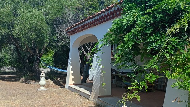 Ein Innenhof mit einem weißen Gebäude, einem Ziegeldach und einer Pergola, die dicht mit Grün bewachsen ist.
