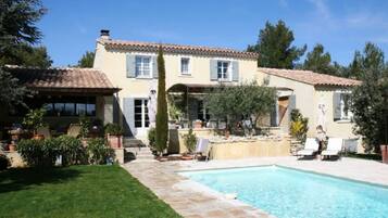 A two-story house with a swimming pool, a covered patio, and a well-maintained garden.