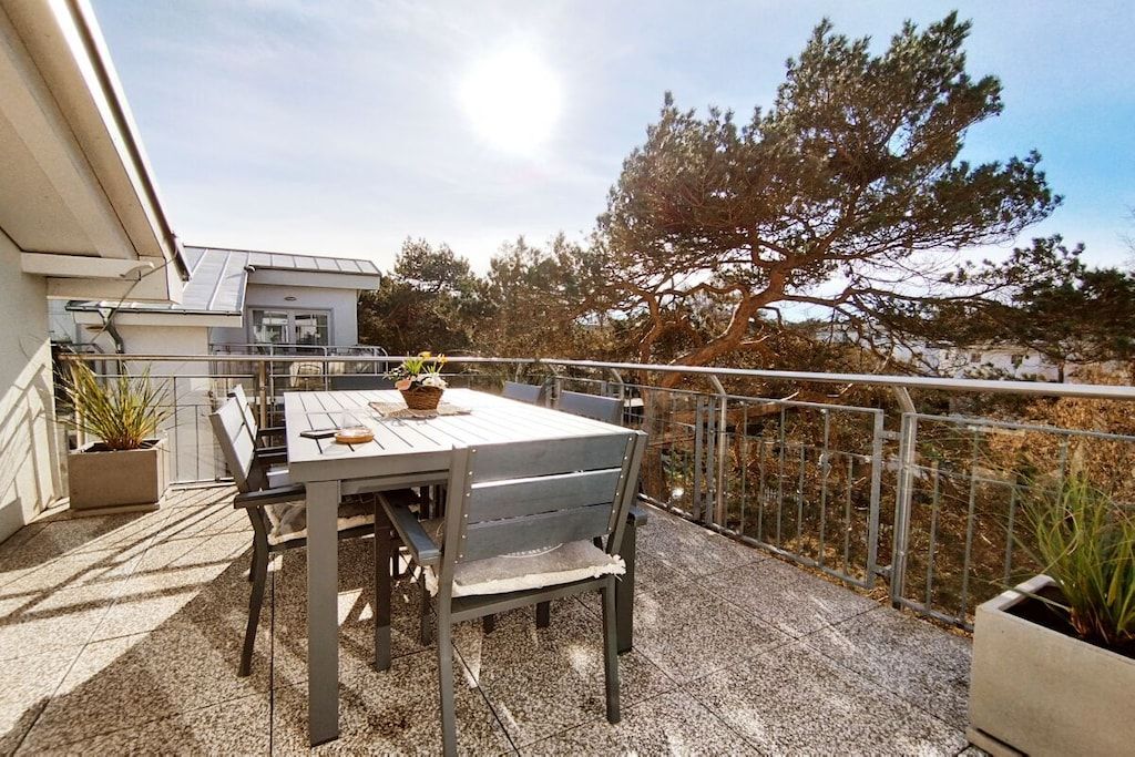 Terrassa exterior amb taula i cadires, una planta en test i una vista d'una casa i arbres.