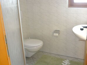 Un bagno piccolo con il water, un lavandino e un rotolo di carta igienica appeso al muro.