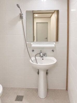 Un baño con lavamanos pedestal blanco, ducha de mano y espejo sobre el lavamanos.