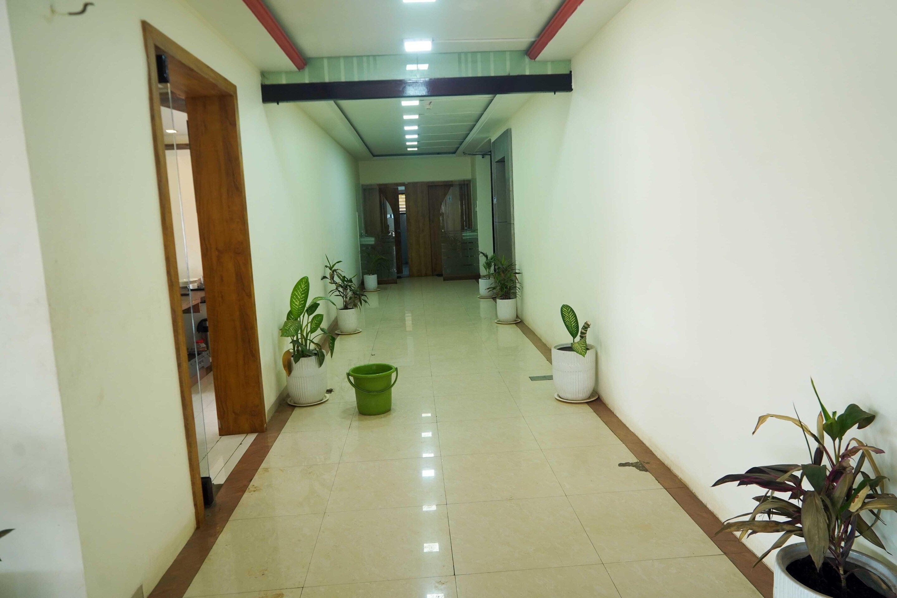 A hallway with potted plants, a green bucket, and a wooden door.