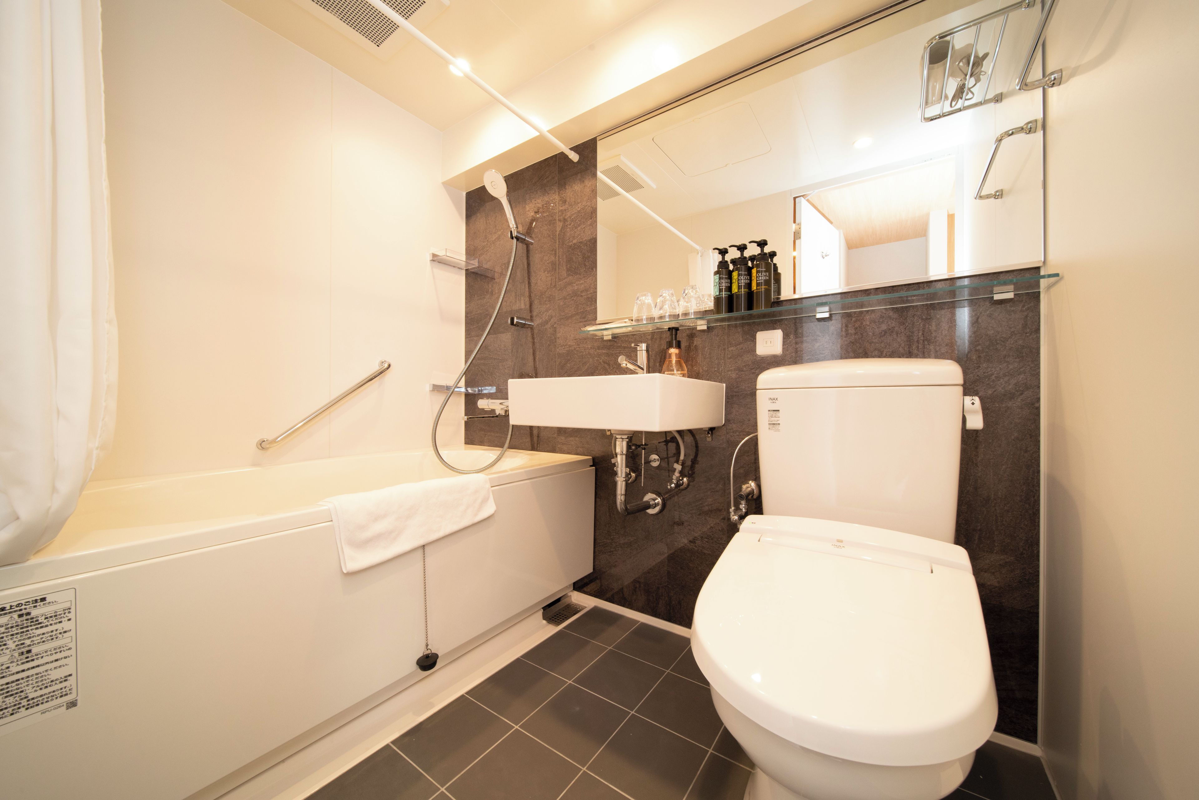 A modern bathroom with a bathtub, a toilet, and a shower.