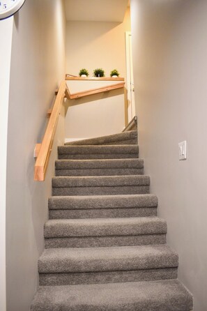 A staircase with carpeted steps and wooden handrails, leading to a landing with a shelf holding small plants. - Bishop’s Place. (Winnipeg)