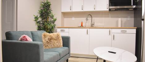 A compact living space with a sofa, a small table, a kitchen area with cabinets and a microwave, and a potted plant.