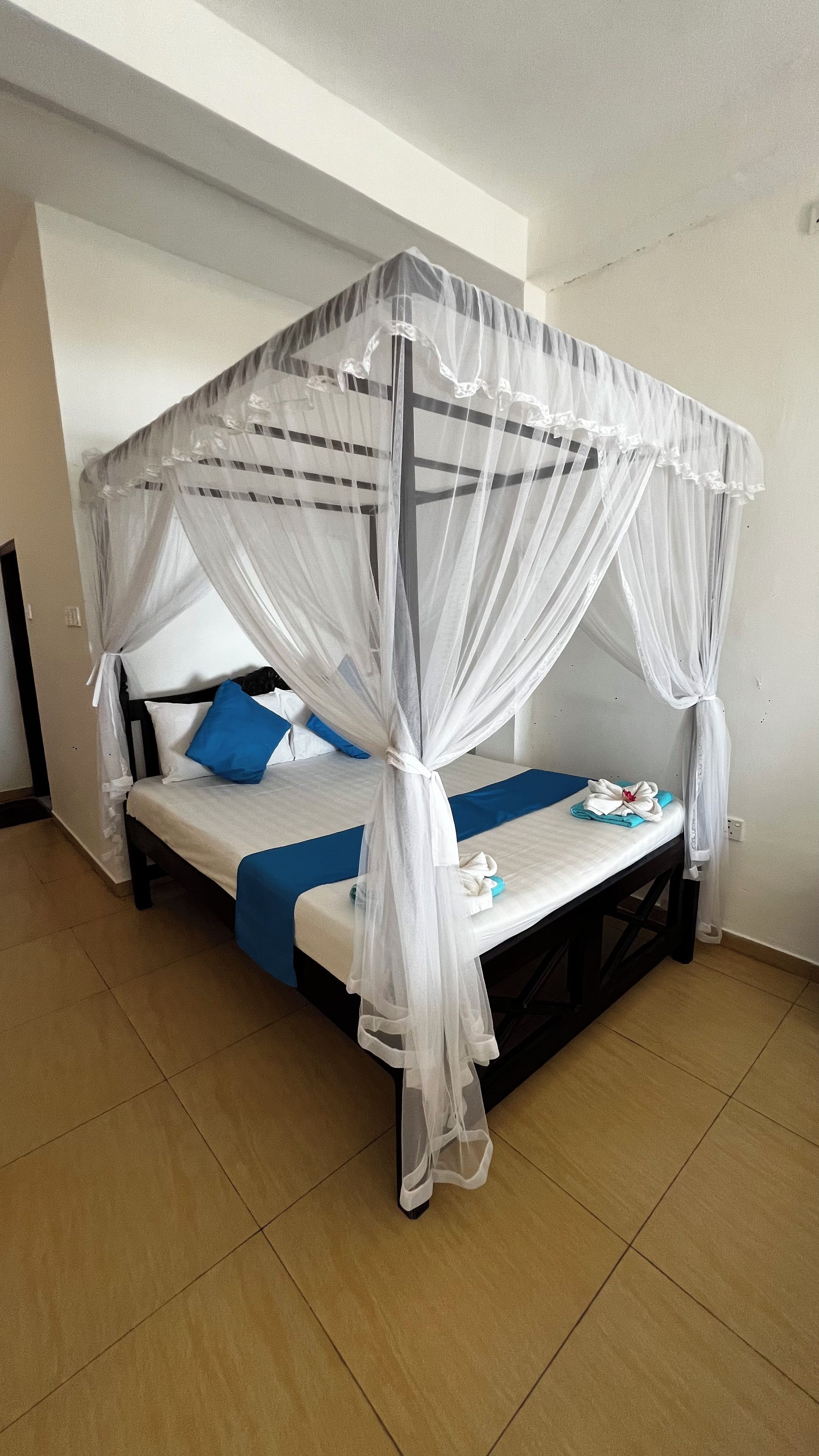 A single bed with a canopy, a blue pillow, and a white pillow.